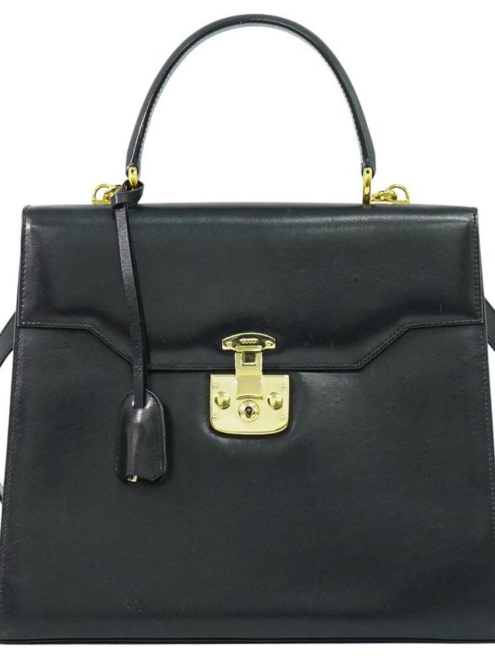 ★SOLD★ Gucci Lock 2-Way Shoulder Bag Leather Black Outside - Picture 1 of 9